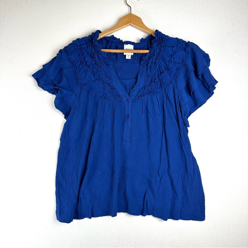 Maeve Anthropologie Ruffle Short Sleeve Crinkle Button Down Blouse Tunic